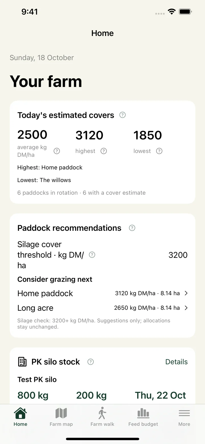 Pasture homepage showing example pasture covers and feed information